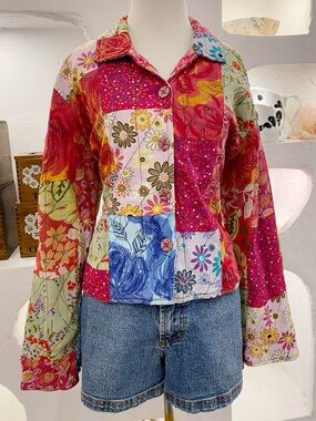 Colourful Floral Rayon Patchwork Lightweight Collared Jacket Made in India